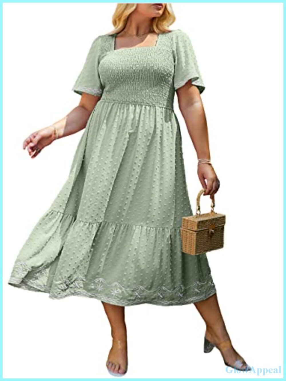Plus Size Smocked Square Neck A-Line Flowy Midi Dress